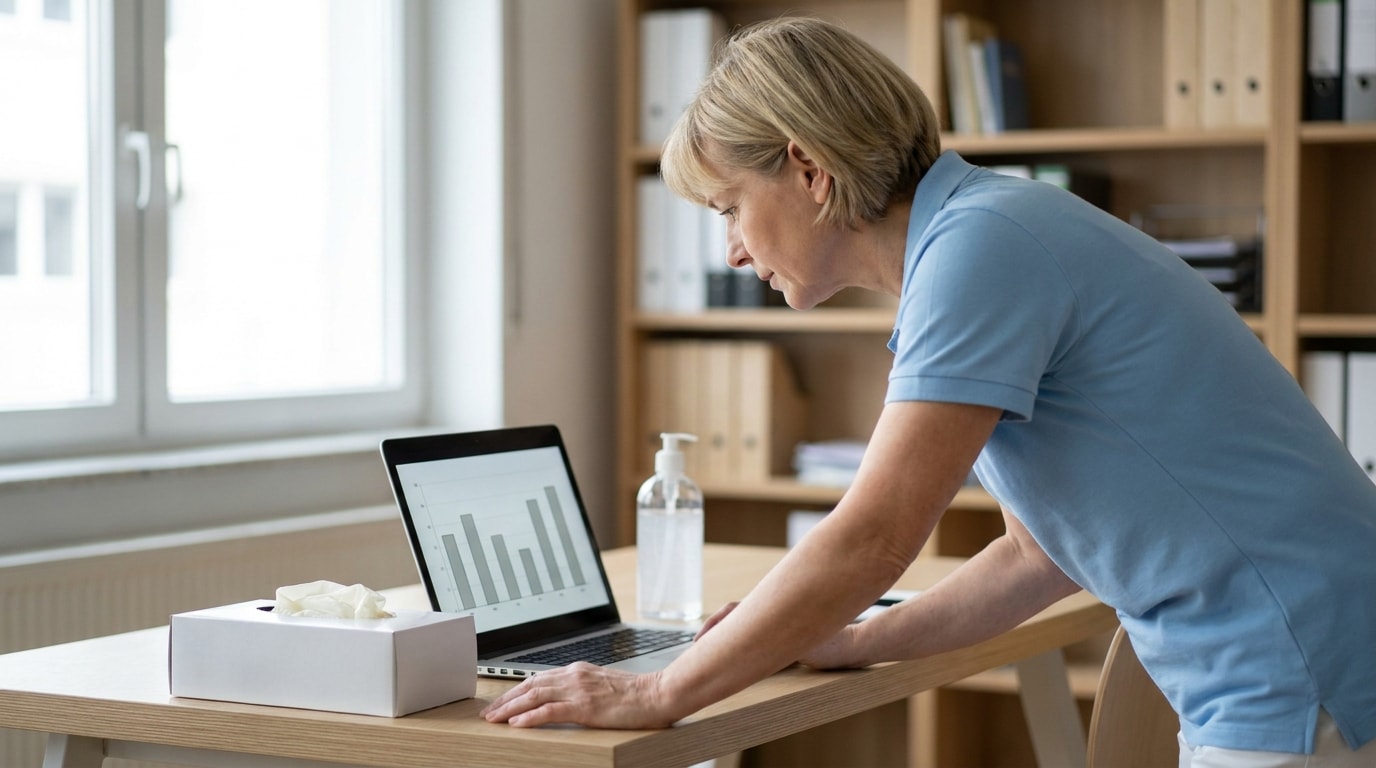 Pflegedienstleitung wertet am Laptop ein Balkendiagramm mit Kennzahlen der Pflegehilfsmittel-Versorgung aus, daneben eine Box Einmalhandschuhe und Händedesinfektion
