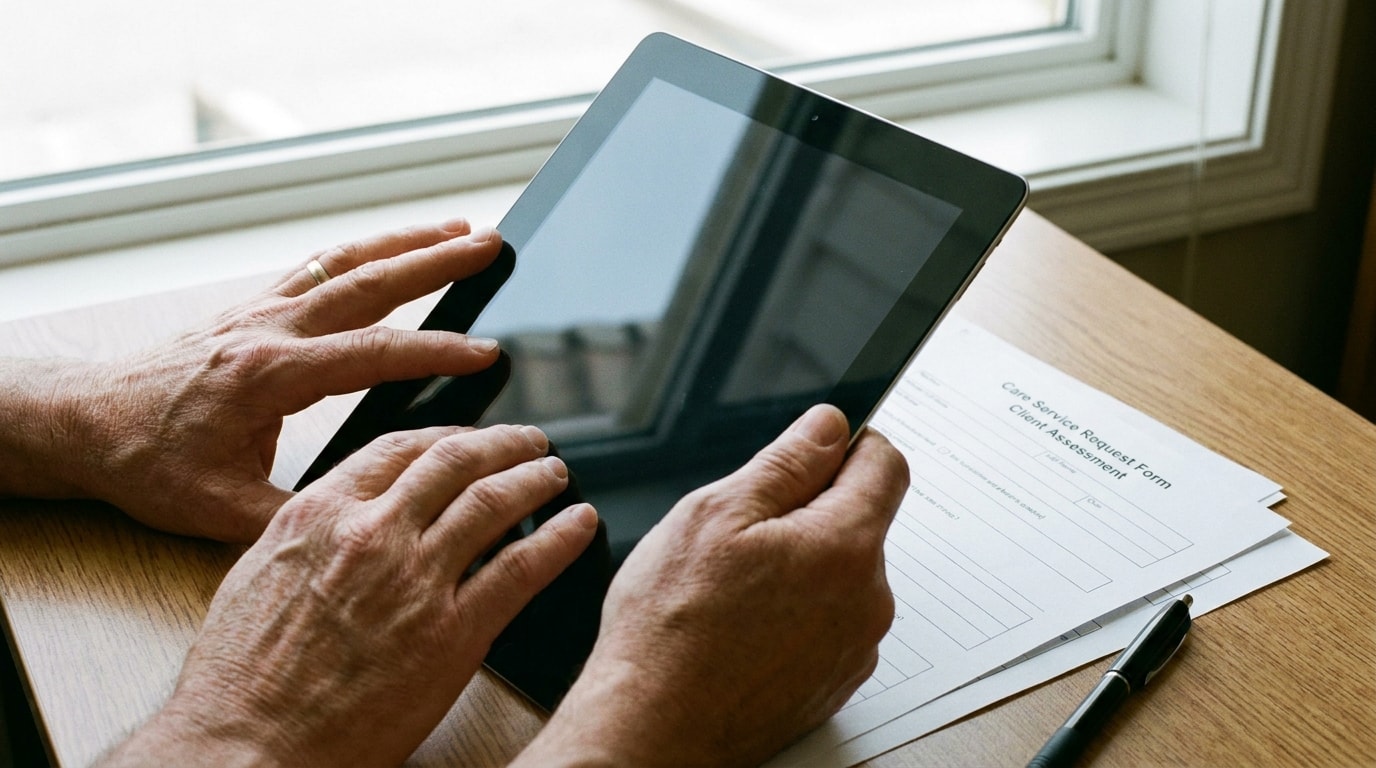 Hände einer Pflegedienstleitung am Schreibtisch halten ein Tablet, daneben Papierformulare und ein Stift