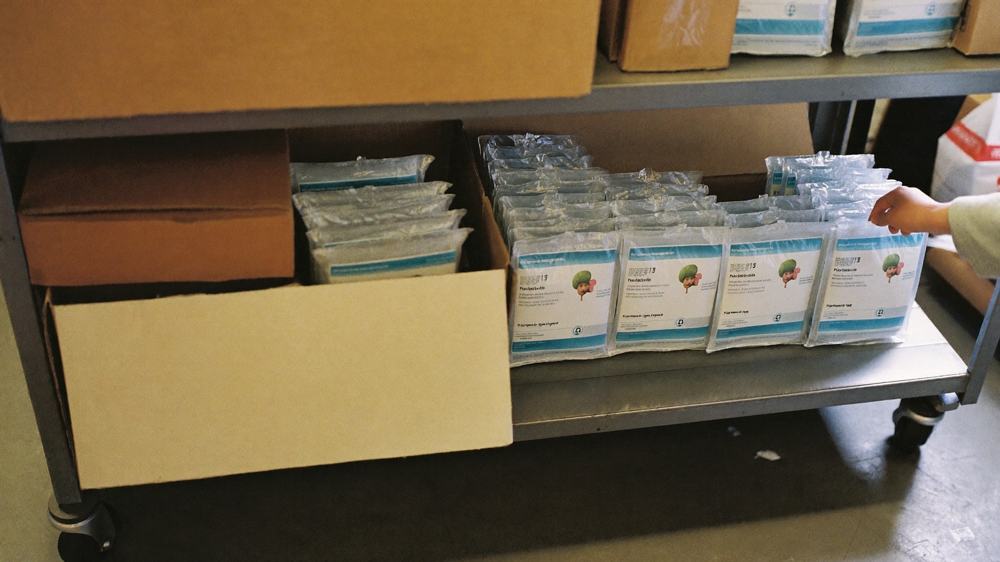 Lagerregal im Pflegedienst mit zwei getrennten Gruppen von Verbrauchsmaterial, eine Hand greift nach einer Packung