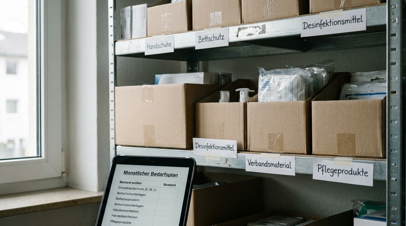 Lagerregal eines ambulanten Pflegedienstes mit beschrifteten Fächern für Handschuhe, Bettschutz, Desinfektionsmittel und Pflegeprodukte sowie ein Tablet mit monatlichem Bedarfsplan