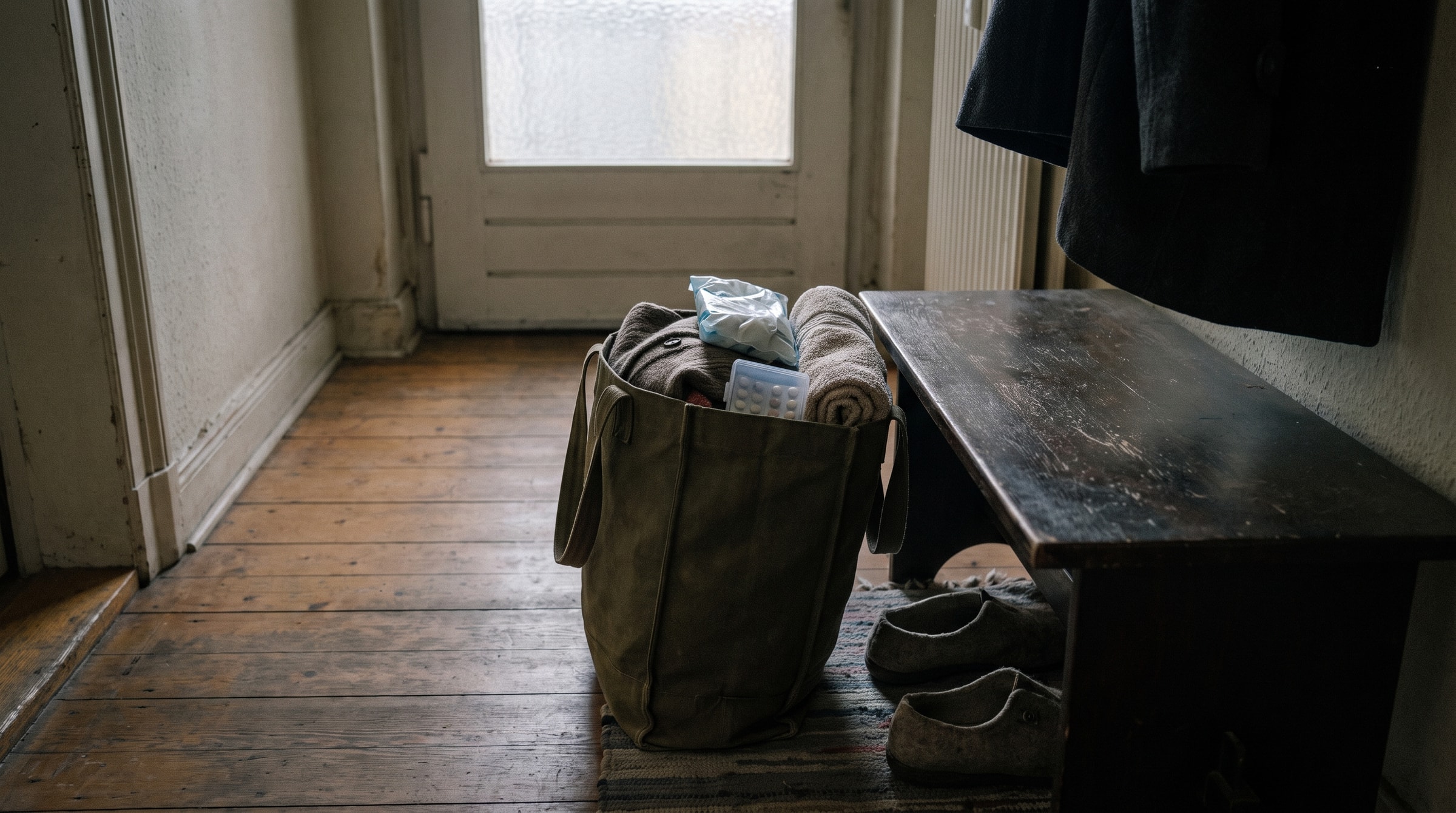 Gepackte Stofftasche auf einer Flurbank mit Handschuhen, Handtuch und Medikamentendose für den Tag in der Tagespflege