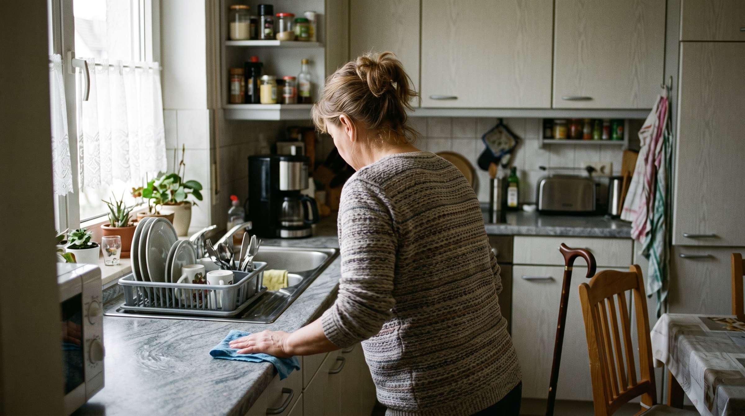 Frau wischt in einer kleinen Küche die Arbeitsplatte, im Hintergrund lehnt ein Gehstock am Stuhl