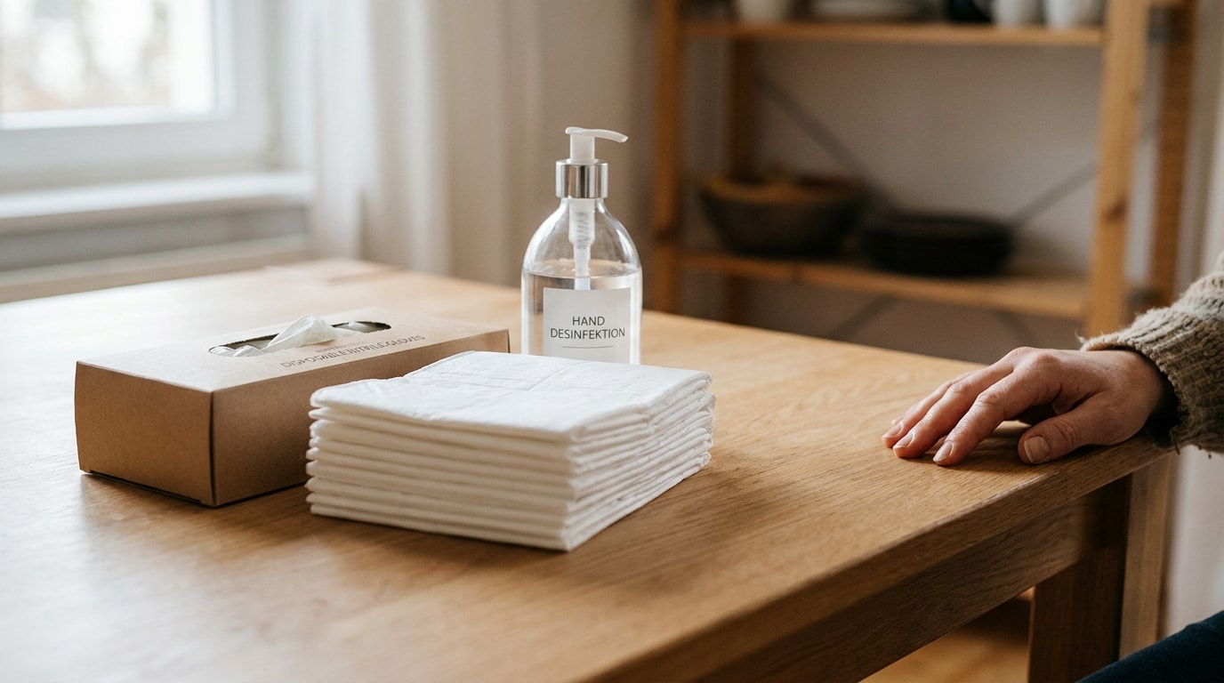 Pflegehilfsmittel zum Verbrauch auf einem Holztisch: Einmalhandschuhe, Haendedesinfektion und Bettschutzeinlagen