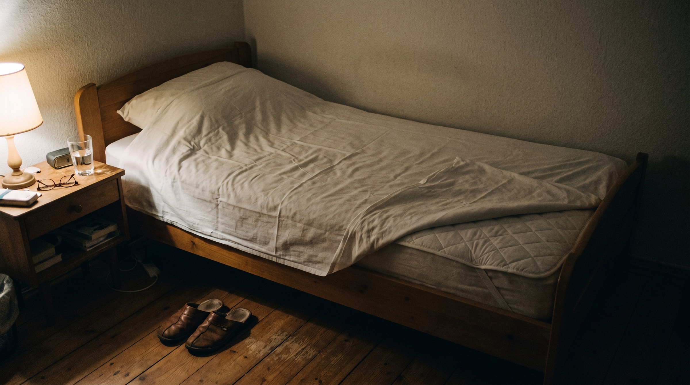 Schlafzimmer bei Nacht mit brennender Nachttischlampe und aufgeschlagenem Bett, unter dem Laken ist eine Bettschutzeinlage sichtbar