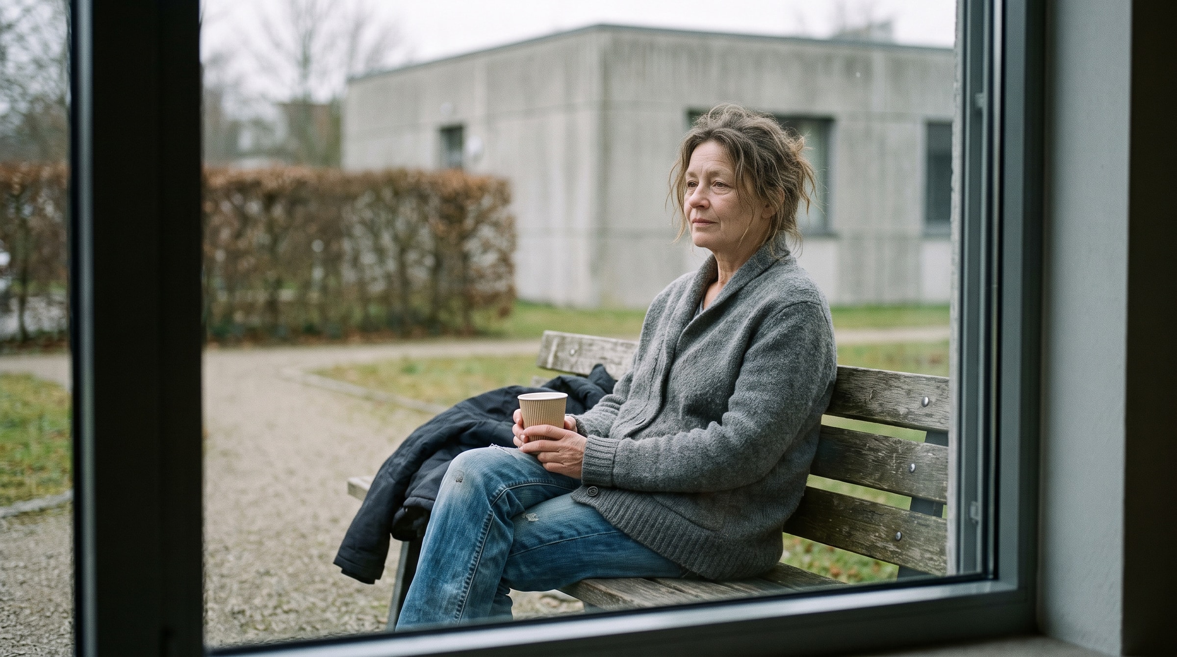 Frau um die 50 sitzt allein auf einer Holzbank im Garten einer Klinik und hält einen Becher Tee, Blick durch ein Fenster