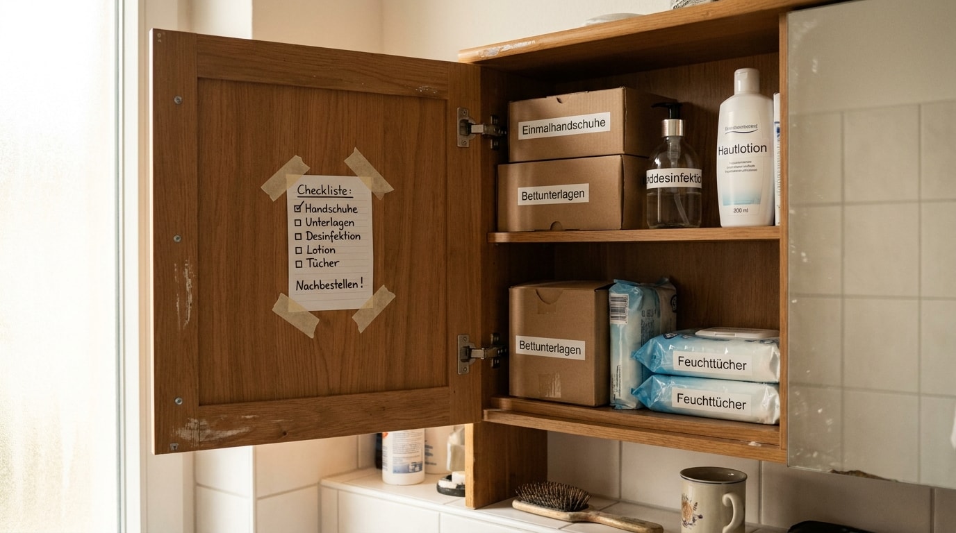 Offener Badezimmerschrank zu Hause mit ordentlich sortierten Pflegehilfsmitteln wie Einmalhandschuhen, Bettschutz und Feuchttüchern sowie einer Checkliste an der Schranktür