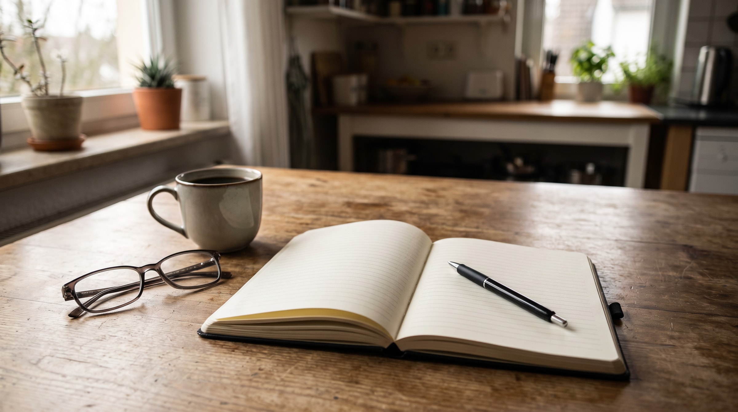 Aufgeschlagenes leeres Notizbuch mit Stift, Brille und Kaffeetasse auf einem Küchentisch