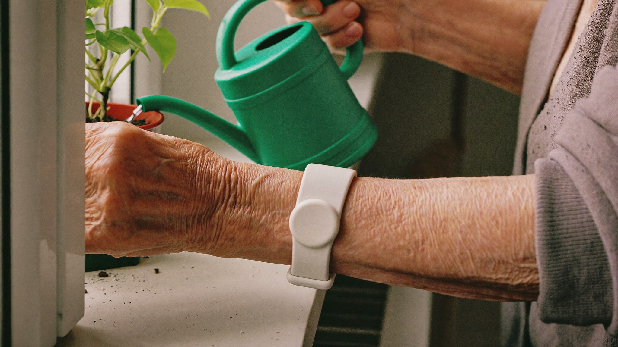 Handgelenk einer älteren Frau mit schlichtem Hausnotruf-Armband, während sie am Fenster eine Blume gießt