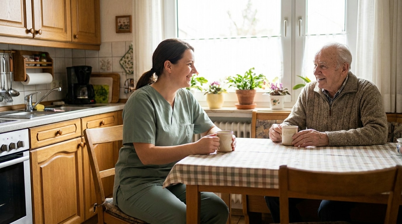 Pflegekraft und älterer Mann besprechen gemeinsam am Küchentisch den Pflegeplan