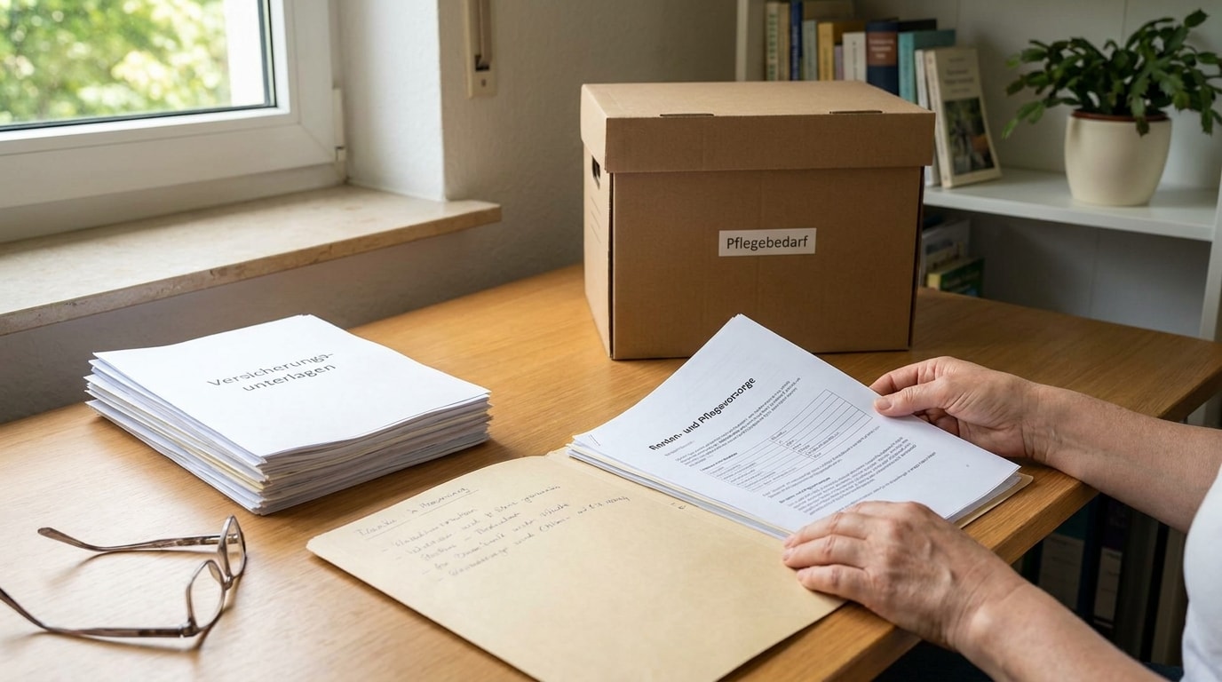 Versicherungsunterlagen und eine Box mit Pflegebedarf auf einem Schreibtisch zu Hause