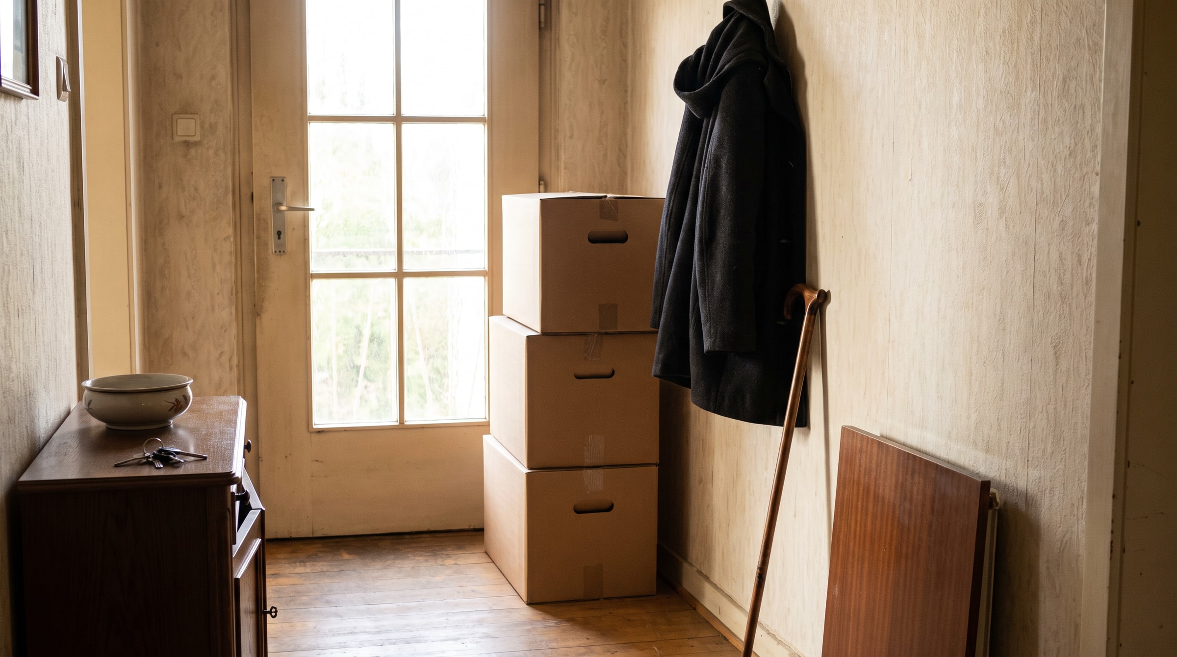 Umzugskartons, Mantel und Gehstock im Flur einer Seniorenwohnung am Tag des Heimeinzugs