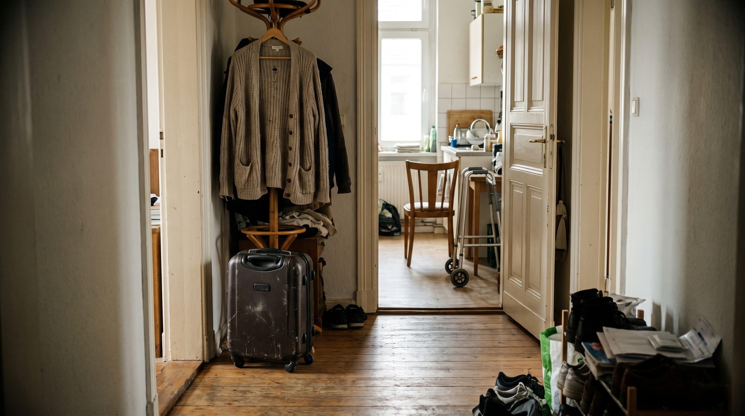 Flur einer Wohnung mit kleinem Rollkoffer, Garderobe und Blick in die Küche mit Rollator