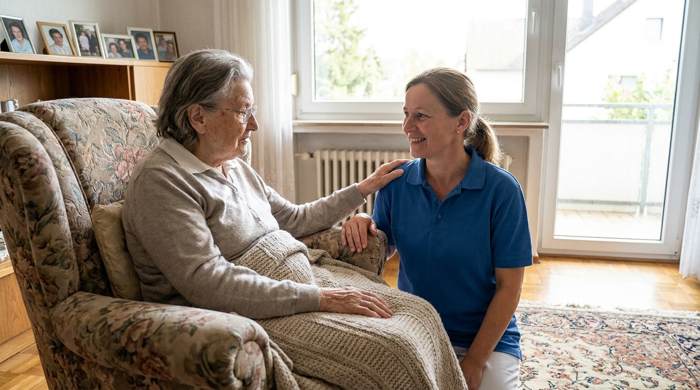 Pflegekraft im Gespräch mit einer älteren Frau im Sessel in einem hellen Wohnzimmer