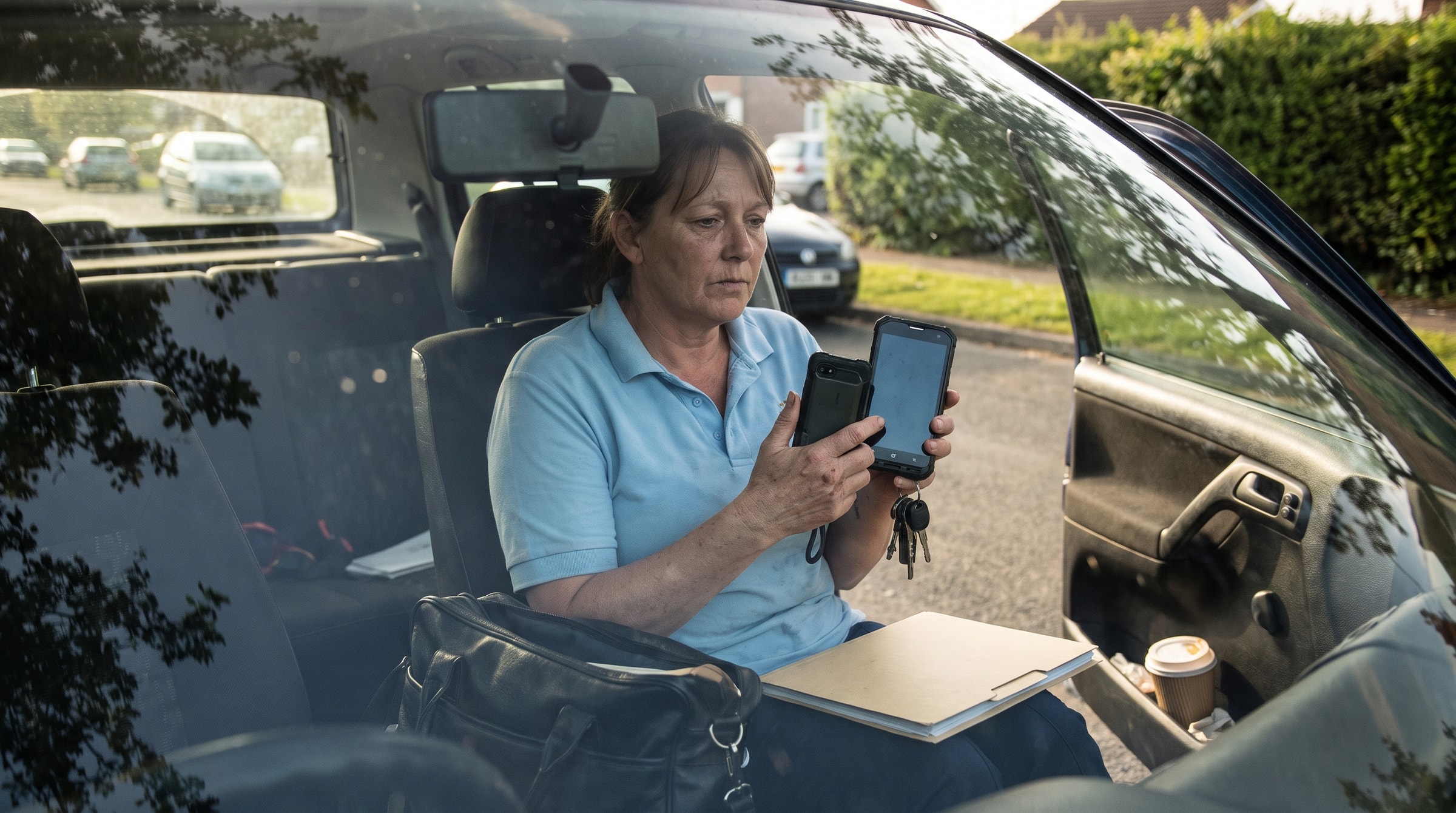 Pflegekraft sitzt bei geöffneter Fahrertür im Dienstfahrzeug und hält ein Diensthandy mit gesperrtem Bildschirm, auf dem Beifahrersitz liegen Pflegetasche und geschlossene Dokumentenmappe