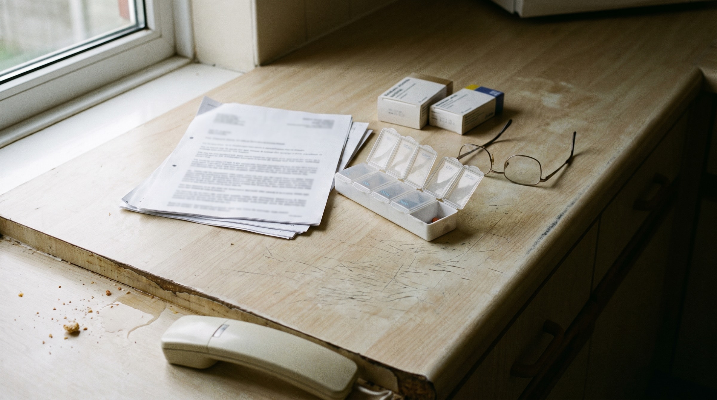Entlassunterlagen, Medikamentendosierbox und Lesebrille auf einer Küchenarbeitsplatte am Tag der Rückkehr aus dem Krankenhaus
