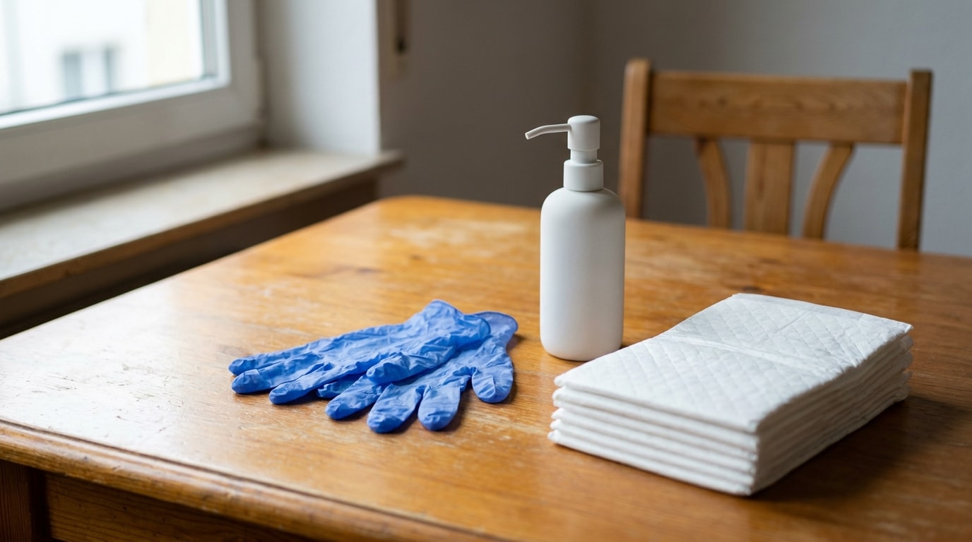 Einmalhandschuhe, Händedesinfektion und Bettschutzeinlagen liegen als Pflegehilfsmittel zum Verbrauch auf einem Tisch.
