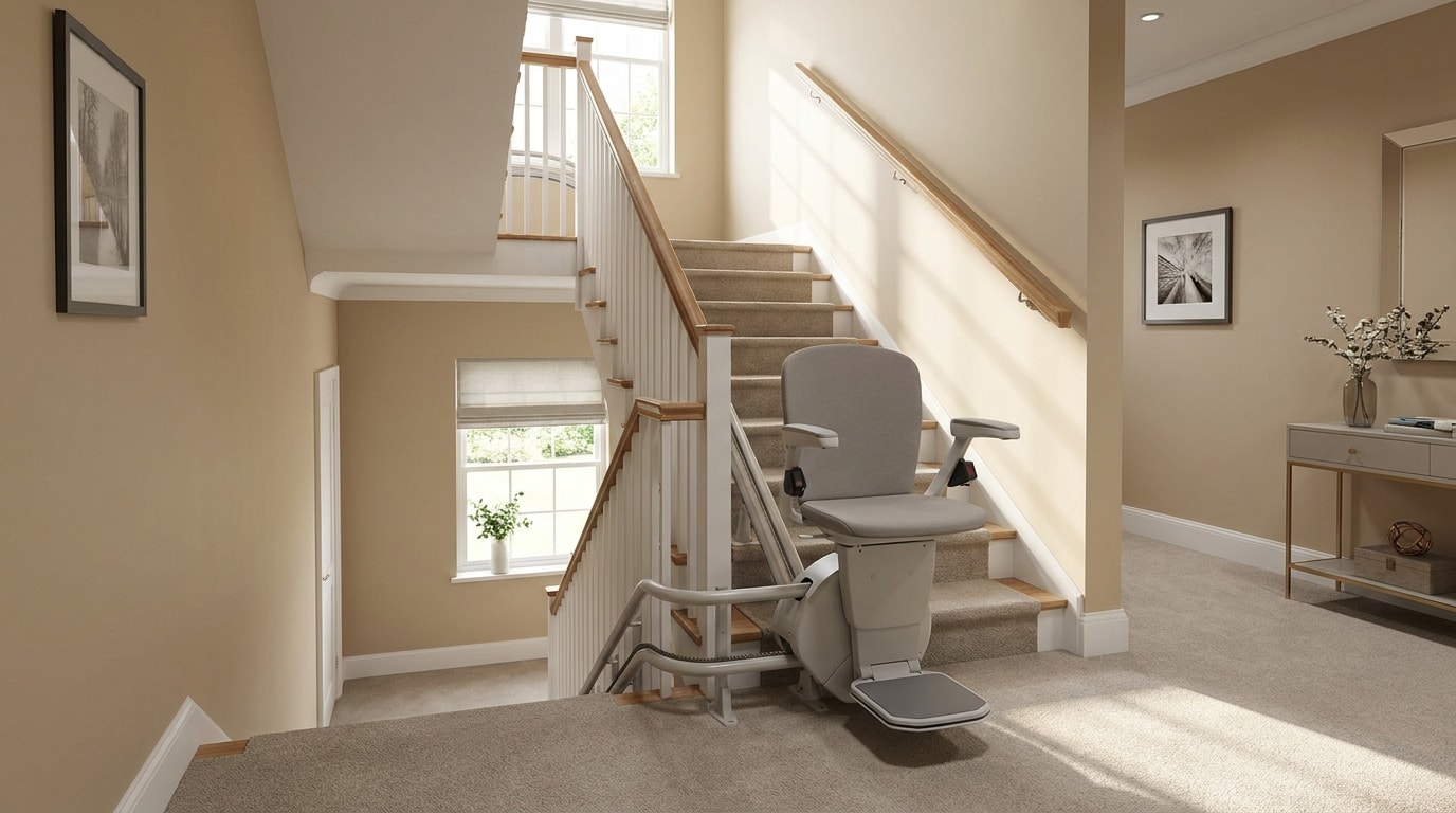 Moderner Treppenlift an einer Treppe in einem Wohnhaus als barrierefreie Umbaumaßnahme