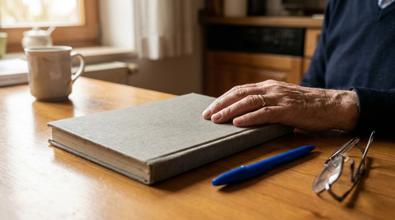 Ältere Hand ruht auf einem geschlossenen Pflegetagebuch neben Stift und Brille als Vorbereitung auf den Widerspruch